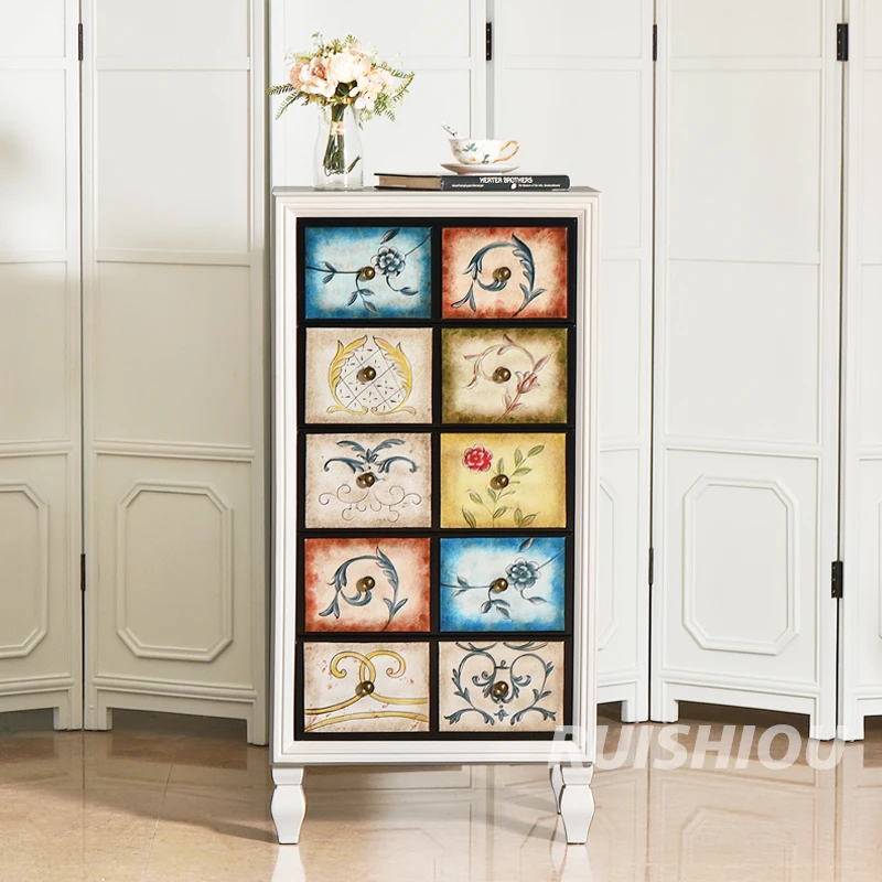 American Country Style Solid Wood Storage Cabinet Painted Chest Drawers Vertical Lockers Multi-Storey Living Room