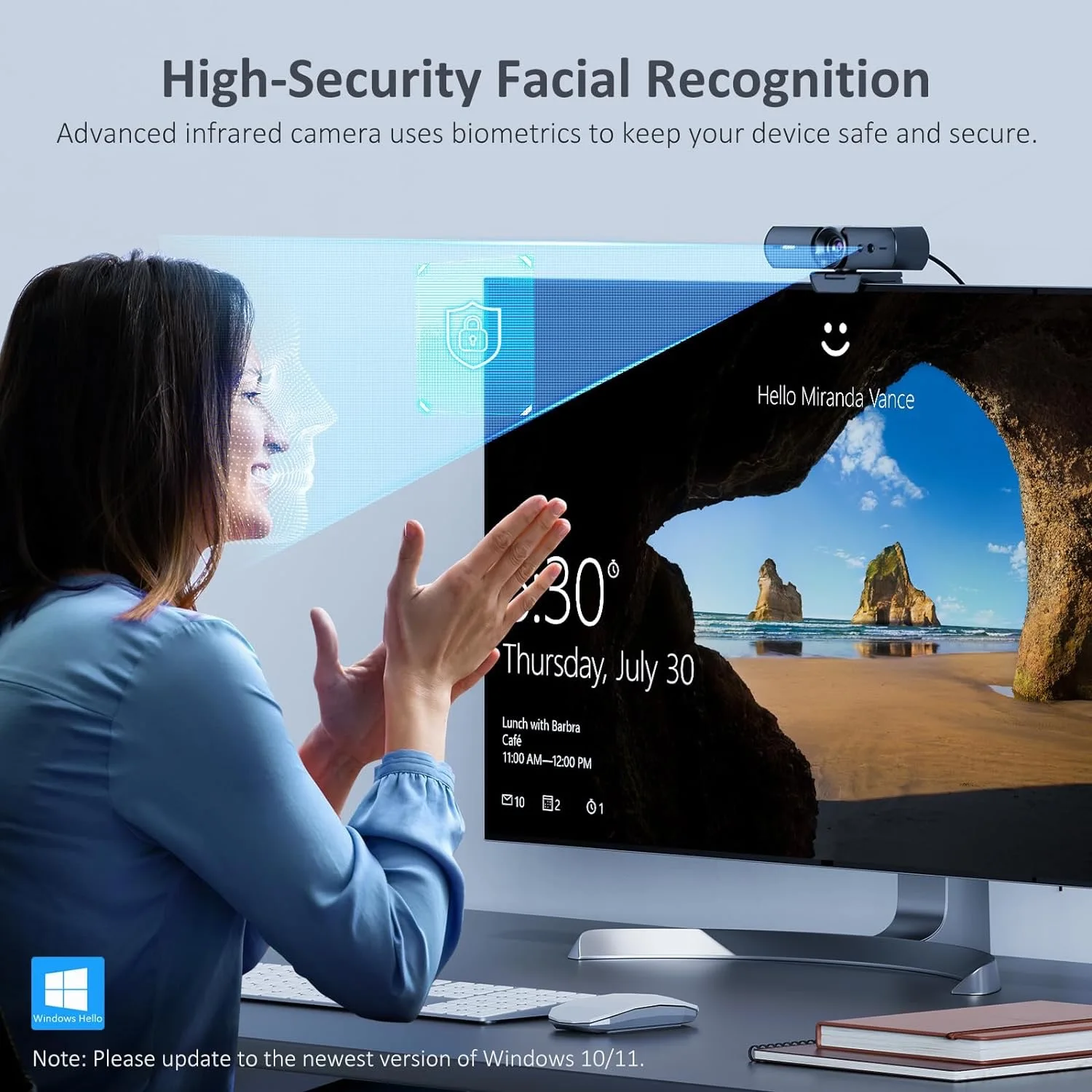 Facial Recognition Webcam Windows Hello Full HD 1080P 30FPS for Windows 10,11 Easy Login for Desktop & Laptop