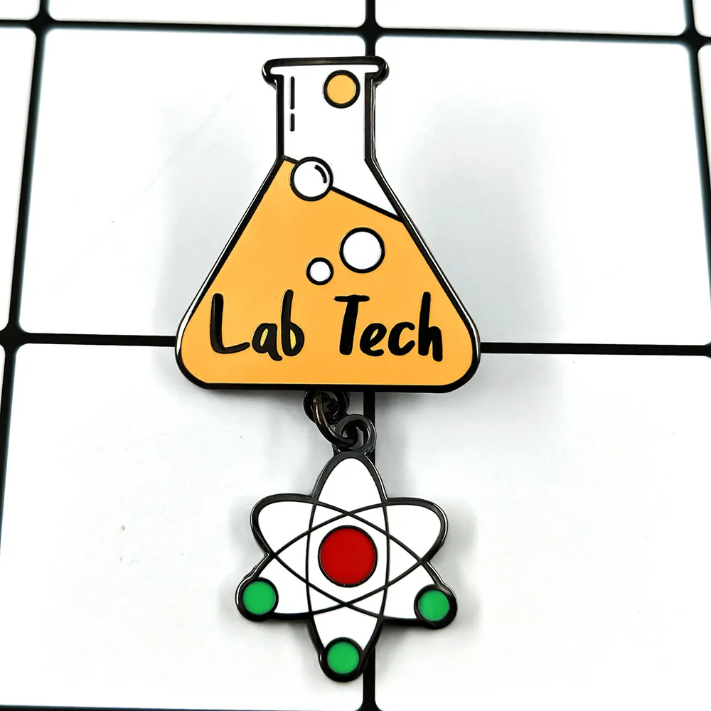 Lab Tech Scientific Research Brooch Cone Shaped Flask Atomic Badge Experimental Personnel with Pendant Enamel Pin Accessories