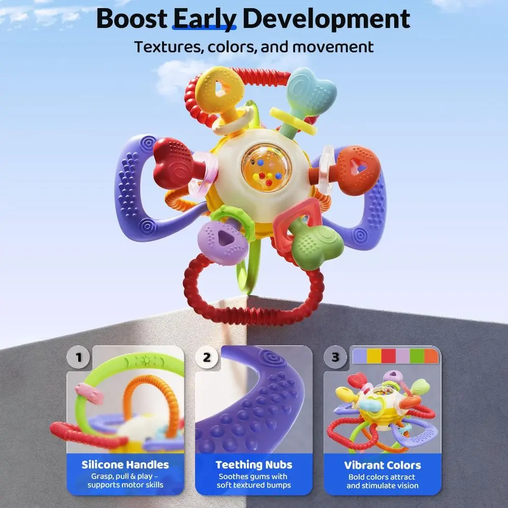 Juguete de dentición sensorial Montessori, sonajero vibratorio lavable de silicona suave, juguete educativo fácil de sostener para aliviar el aprendizaje temprano