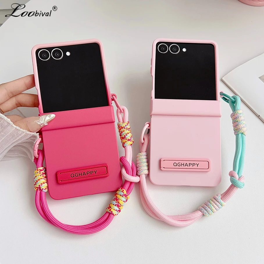 Матовый чехол с двойным контрастным ремешком для Samsung Galaxy Z Flip 7, 6, 5, 4, 3, Zflip, ремешок на запястье, кронштейн, подставка, жесткий чехол для ПК