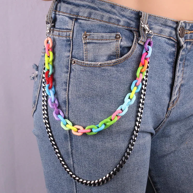 Hip hop 2024 Rainbow Color Resin Chain Keychain For Girls Women Waist Chain Acrylic Metal Trousers Chains Fashion Y2K  Jewelry