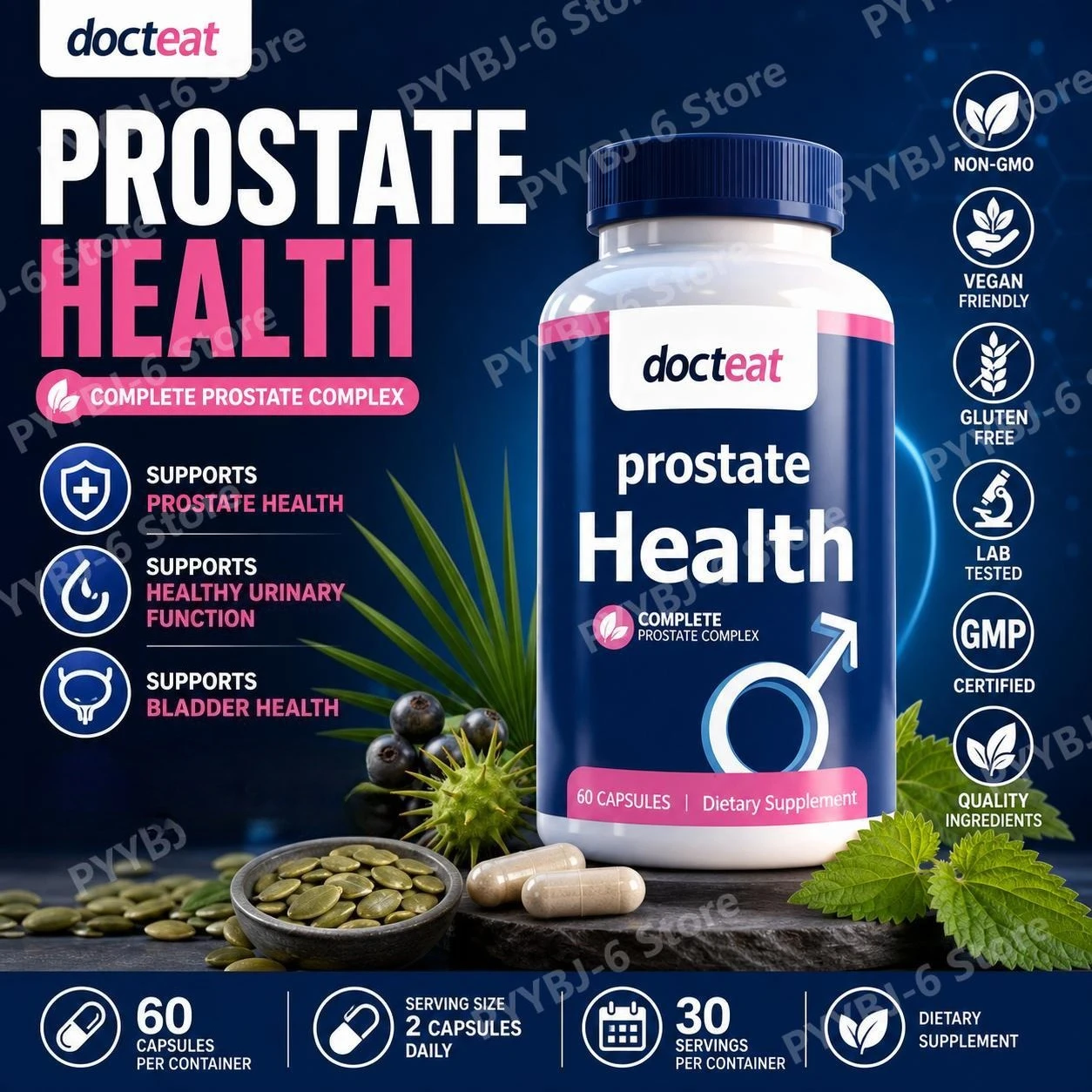 Docteat Prostate Health Capsules with Saw Palmetto Extract, Pumpkin Seed Extract, Stinging Nettle Root Extract 60 Capsules