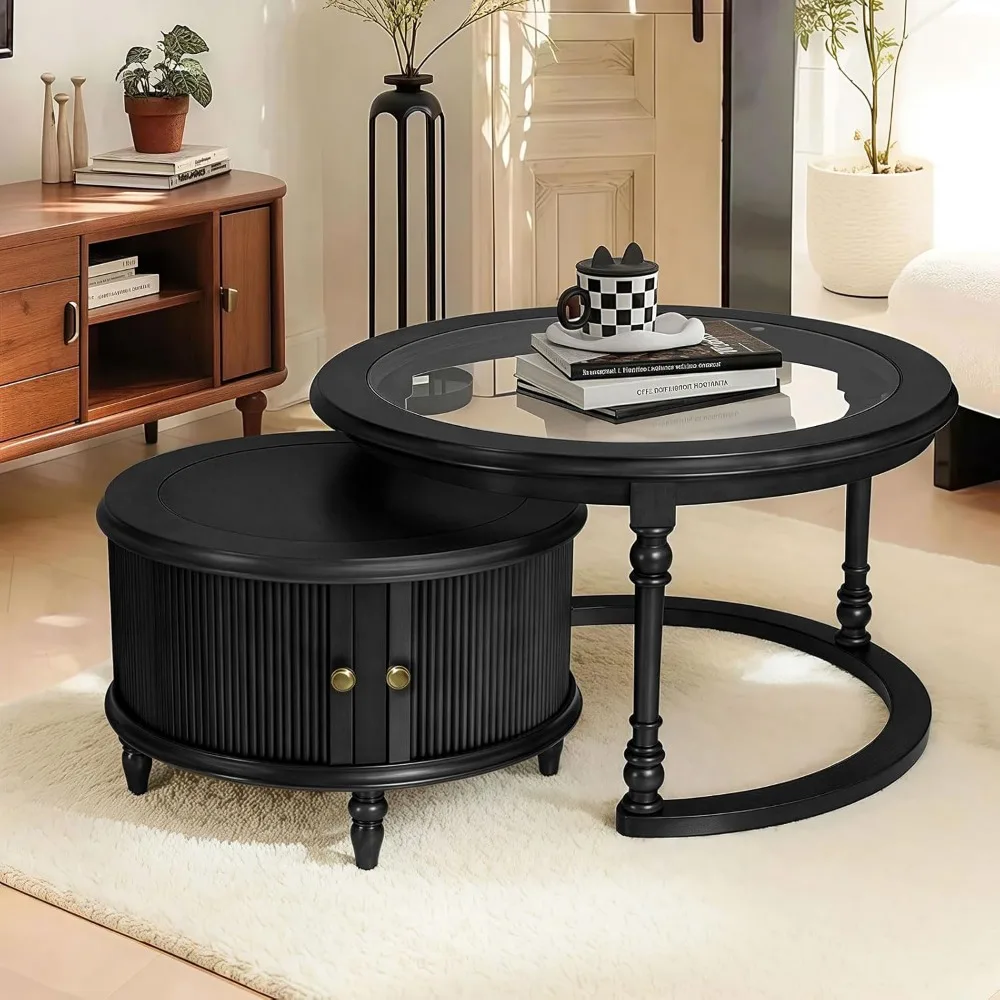 

Nesting Coffee Table for Living Room, Round Tempered Glass Solid Wood Nest Coffee Tables with Storage, Retro Small Accent