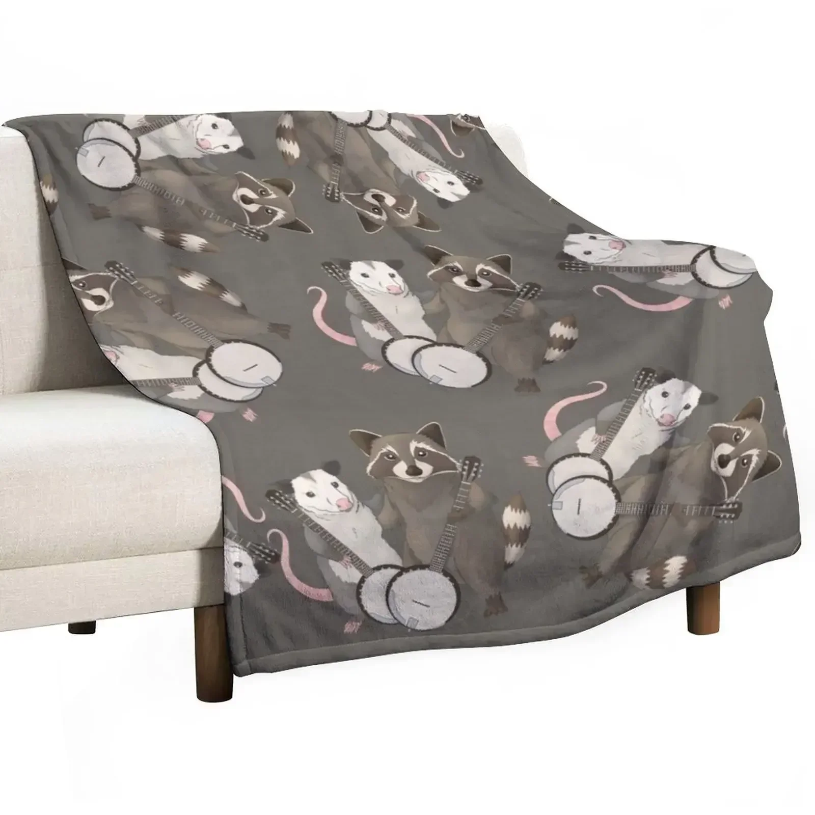 

Opossum and Raccoon with banjos Throw Blanket Luxury Throw Hairy Designers Luxury Blankets