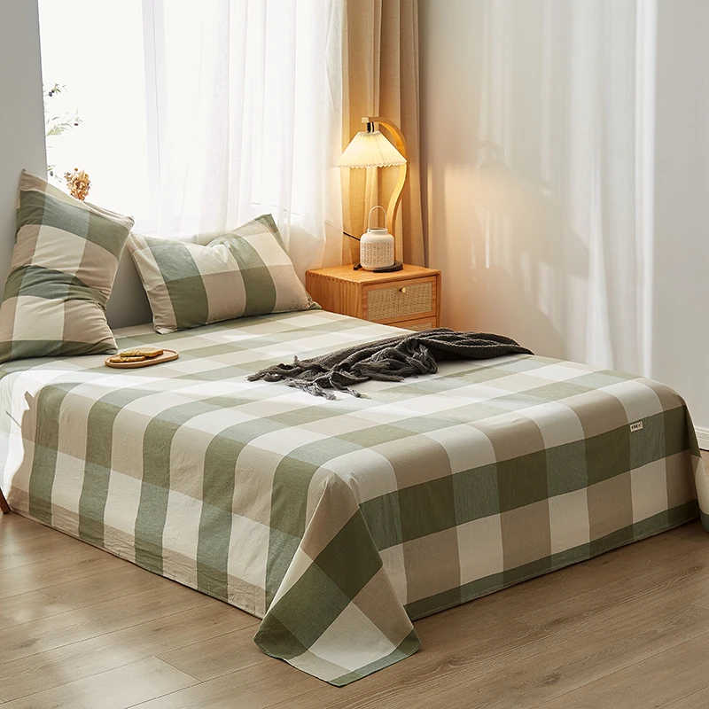 Simple Line Plaid Pattern Bed Sheet Set Cotton Soft Breathable Home Bedroom Bedding Sheets with Pillowcases Machine Washable