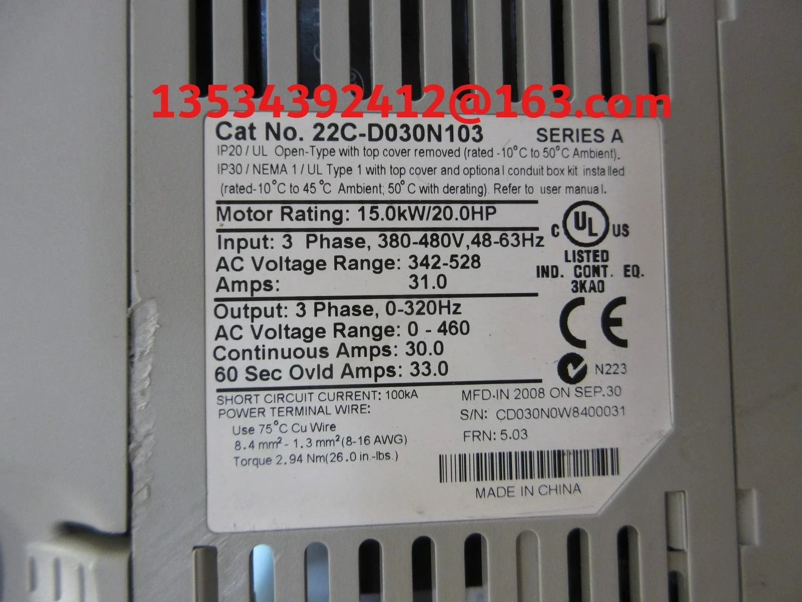 

Для Allen-Bradley 22C-D030N103 PowerFlex 400 привод переменного тока 480 В 15 кВт б/у