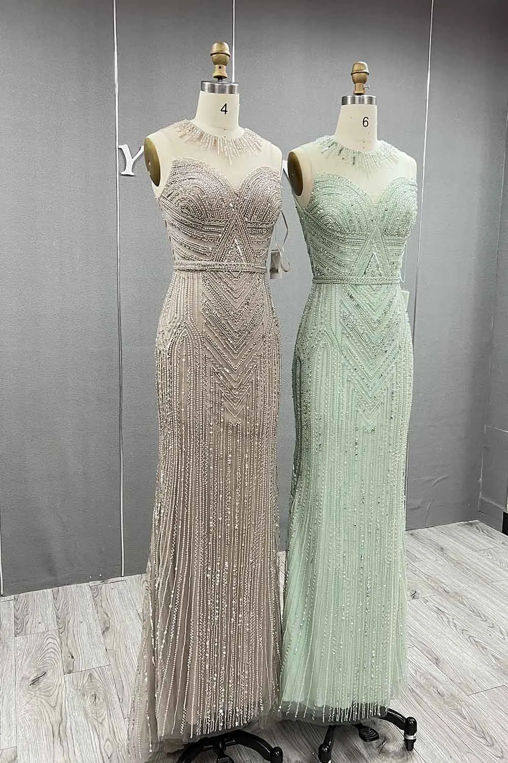 YQLNNE Dubai Mint Green Crystals Evening Dresses Beaded Tulle Formal Party Gown Mermaid