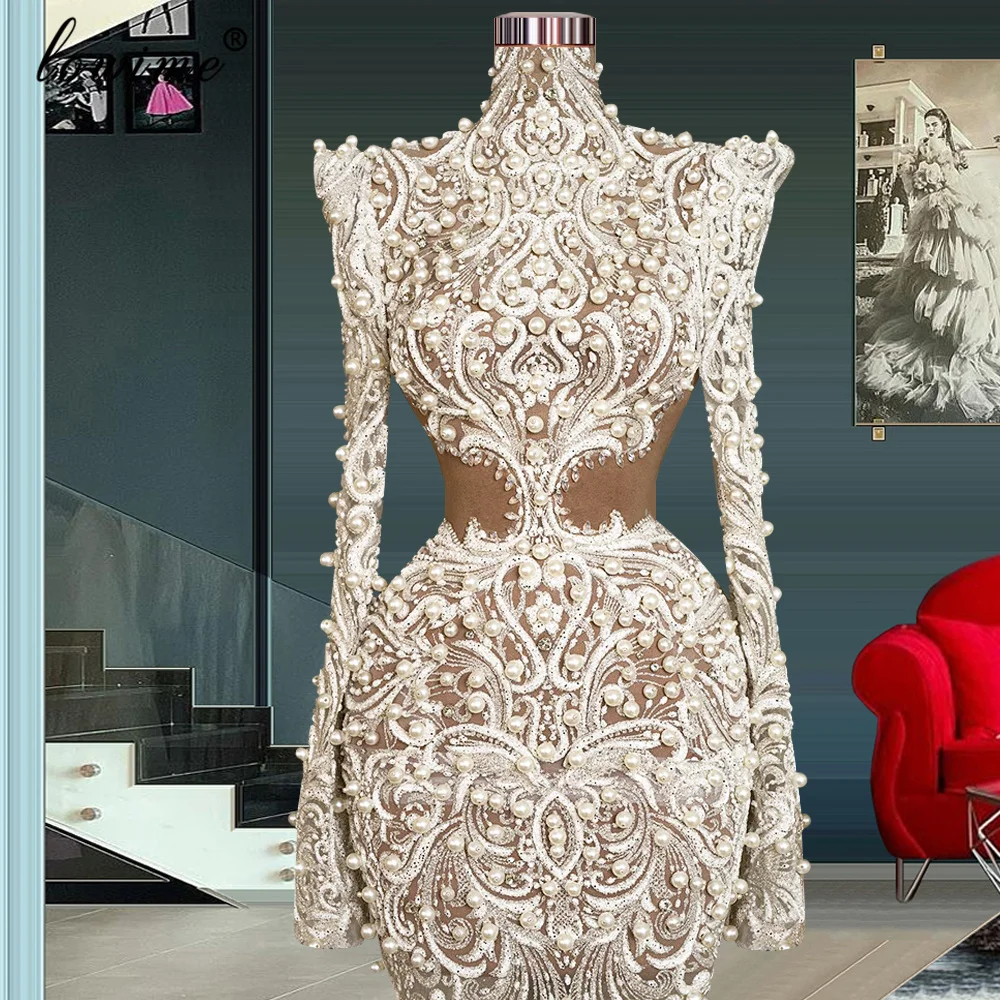 Ivory Lace Evening Dresses With Pearls High Neck Long Sleeves Wedding Dresses Mermaid Robes De Soirée Engagement Dresses Custom