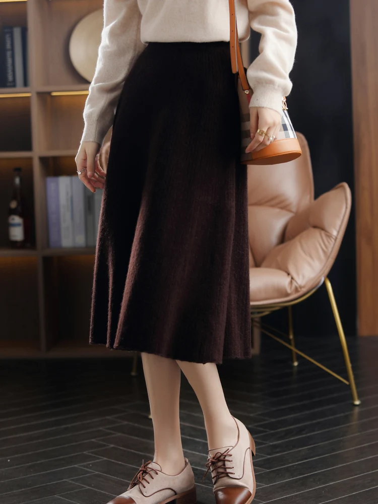 100%Pure Wool Knitted Skirts Women Autumn-Winter Mid-Length High-Waisted A-line Akirts Wild Cashmere Thicken Knit Umbrella Skirt