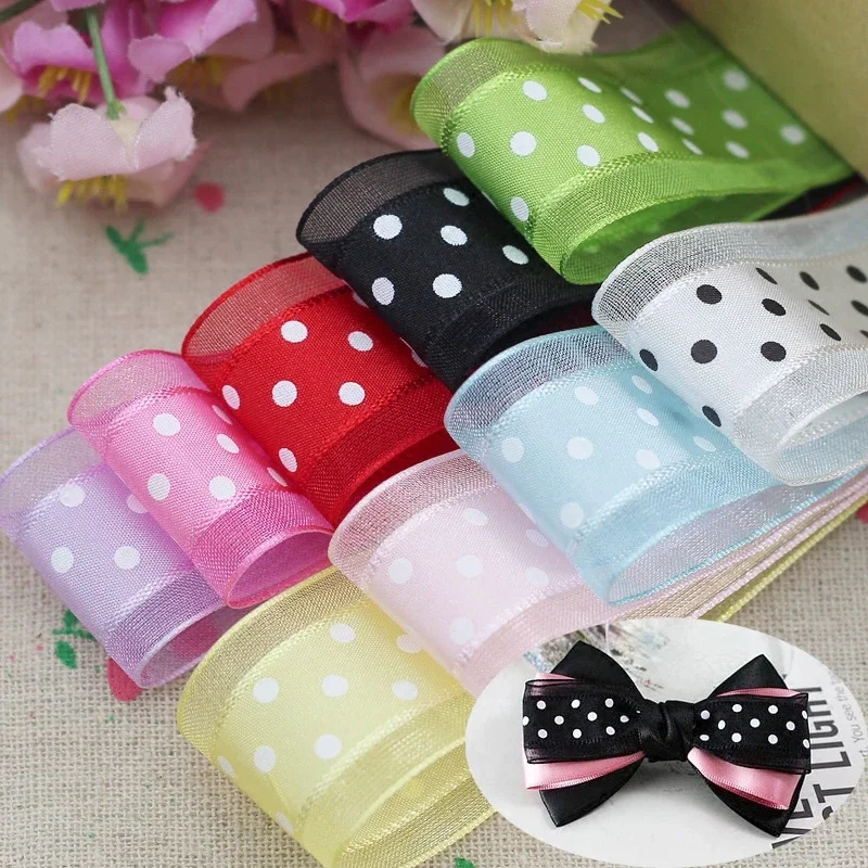1''25mm 1meter Bilateral Organza Printing Polka Dots Ribbon Handmade Hair Bow Party Christmas Wedding Decor DIY Sewing Fabric