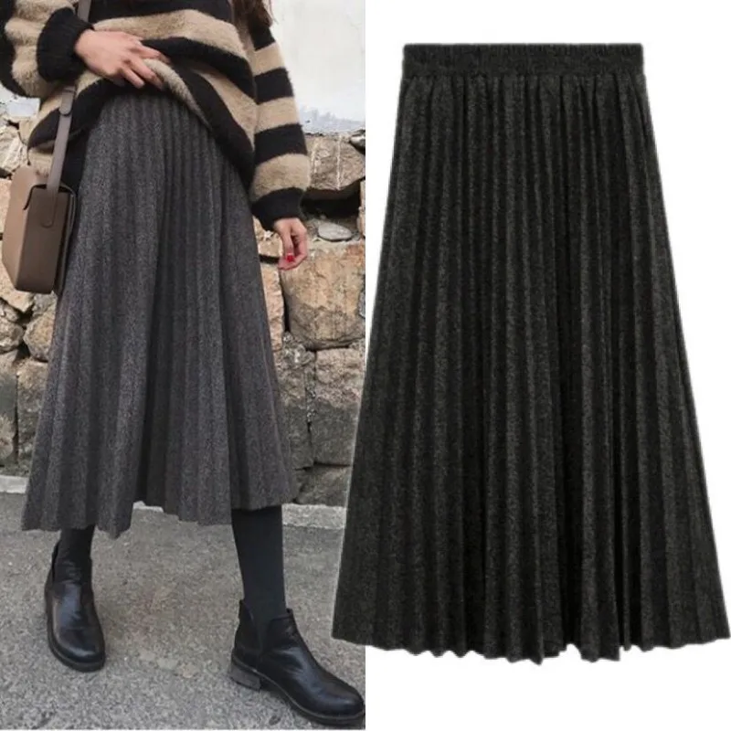 Women Solid Woolen Pleated Maxi Skirt Autumn Winter High Waist Elastic Waist Casual Swing Long Skirt Plus Size