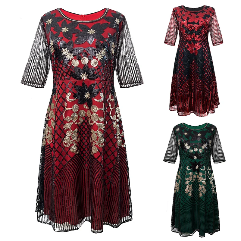 

Retro Short-sleeved Dress European and American High-end Banquet Dress Sequined Dress Women's Lace Mesh Sleeve Skirt
