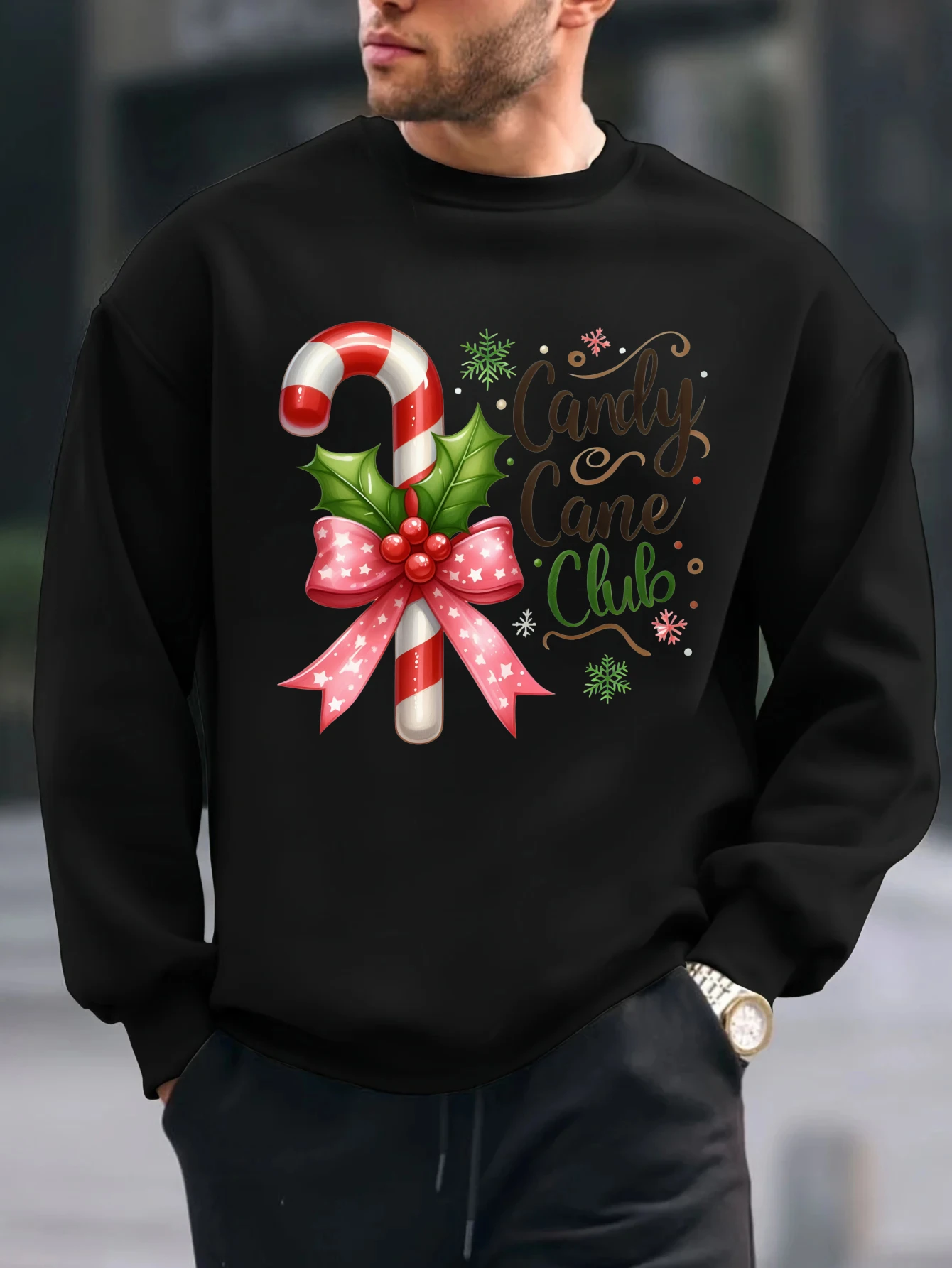 

2025 Pink strawberry cane graffiti print tops Spring And Autumn Mens T Shirt Long Sleeve Casual Christmas Party Cotton Shirt tee