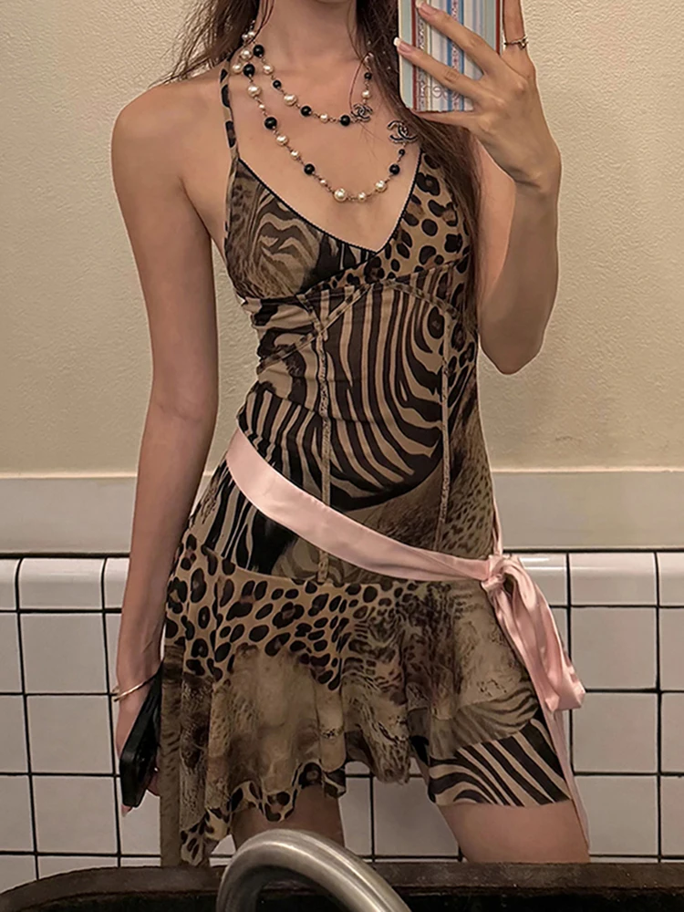 Nibber Hottie Sexy Leopard Slip Dress Women Mesh Irregular Stripe Print Patchwork Tierred Low Chest Skinny Clubwear Mini Bodycon