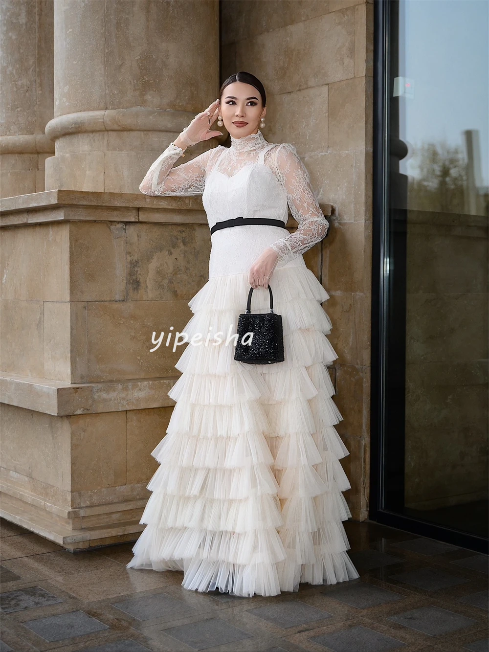 Personalizado de alta qualidade formal tule renda em camadas faixa a linha gola alta vestidos longos sob medida vestidos ocasião estilo moderno sexy