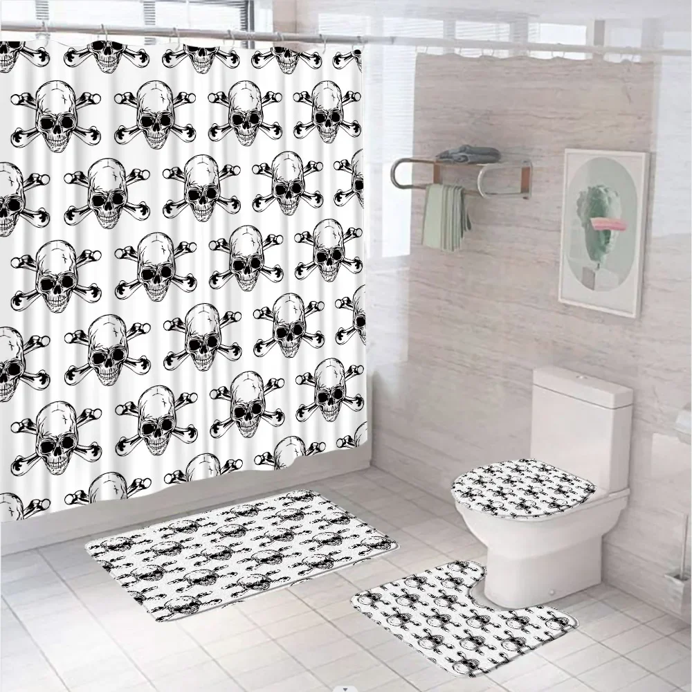 Black White Sugar Skull Shower Curtain Set With Bath Mat Toilet Lid Cover U-Shaped Rug Halloween Decor Fabric Bathroom Curtains