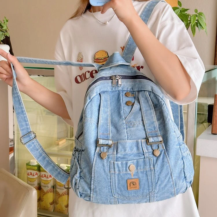 Casual Portable Travel Backpack Women's Denim Material Autumn Winter New Style Short Trip Outing Student Bookbag Fashion Commute