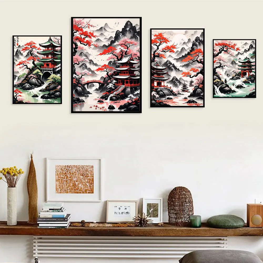 Japanese Cherry Blossom Koi Fish Moon Lake Magic Art Poster Canvas Painting Japan Landscape Wall Art For Living Room Home Decor