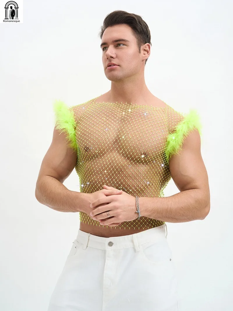 Glitter Mesh Sleeveless Crop Top For Men Fluffy Feather Shoulder Decor Transparent Hollow Out Tank Top Clubwear Multiple Colors