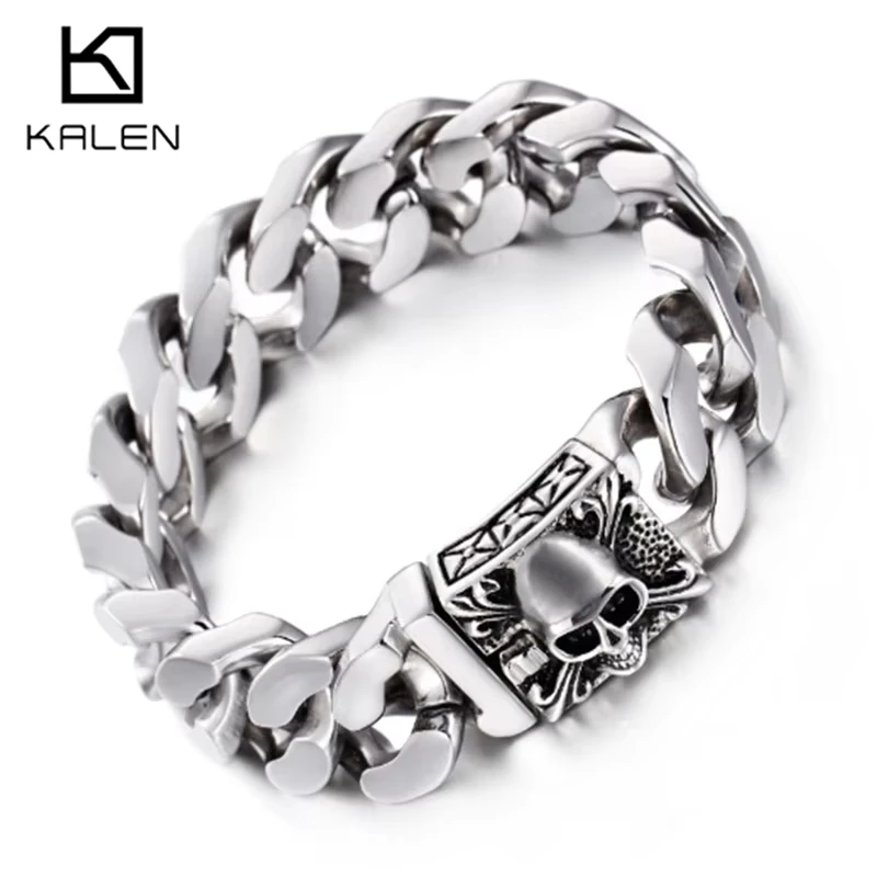 Kalen Gothic Cuban Chain Bracelet for Men Punk Stainless Steel Skull Clasp Heavy Bracelet Vintage Biker Jewelry Gift 19-23cm