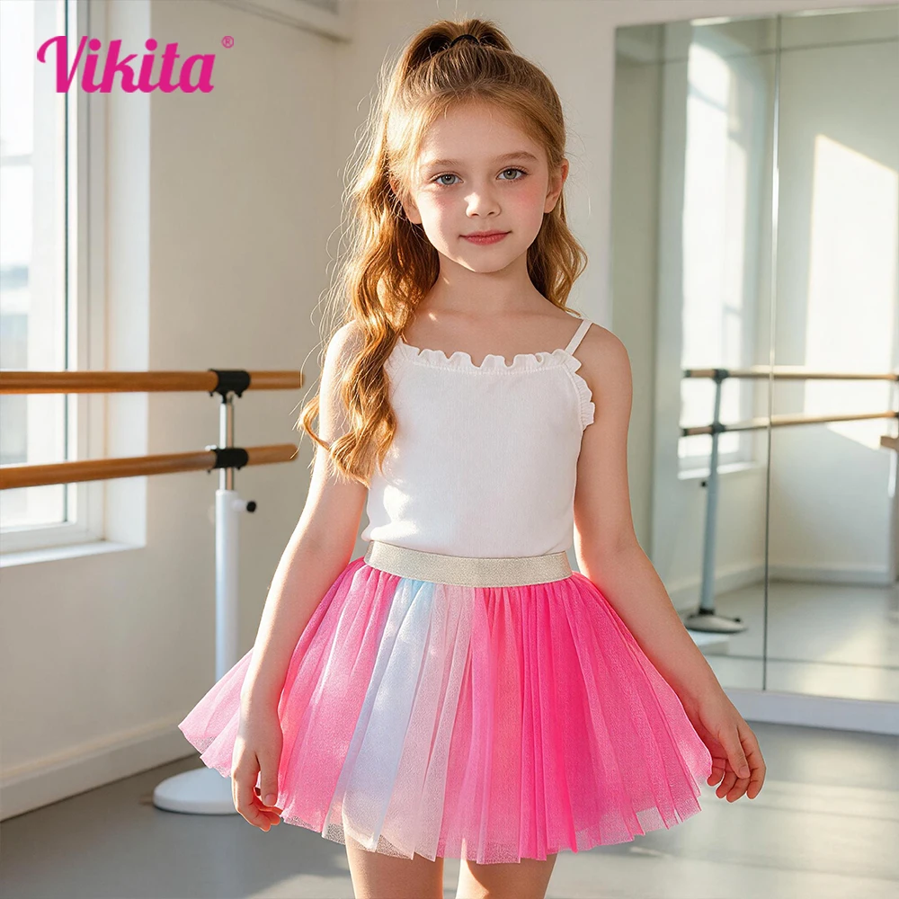 VIKITA Girls Rainbow Tulle Tutu Skirt Kids Ombre Ballet Colorful Gradient Party Dance Performance Stage Fluffy Mini Skirt