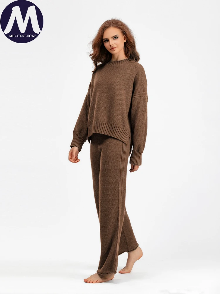 Conjunto de duas peças feminino outono inverno novo casual o pescoço manter quente camisola de malha moda solta engrossar calças de perna larga conjuntos