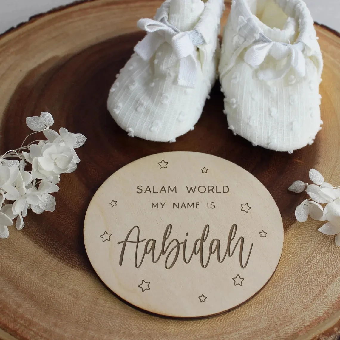 Personalized  Baby Arrival Disc  Name Reveal Card Salam World Baby Name Announcement Disc