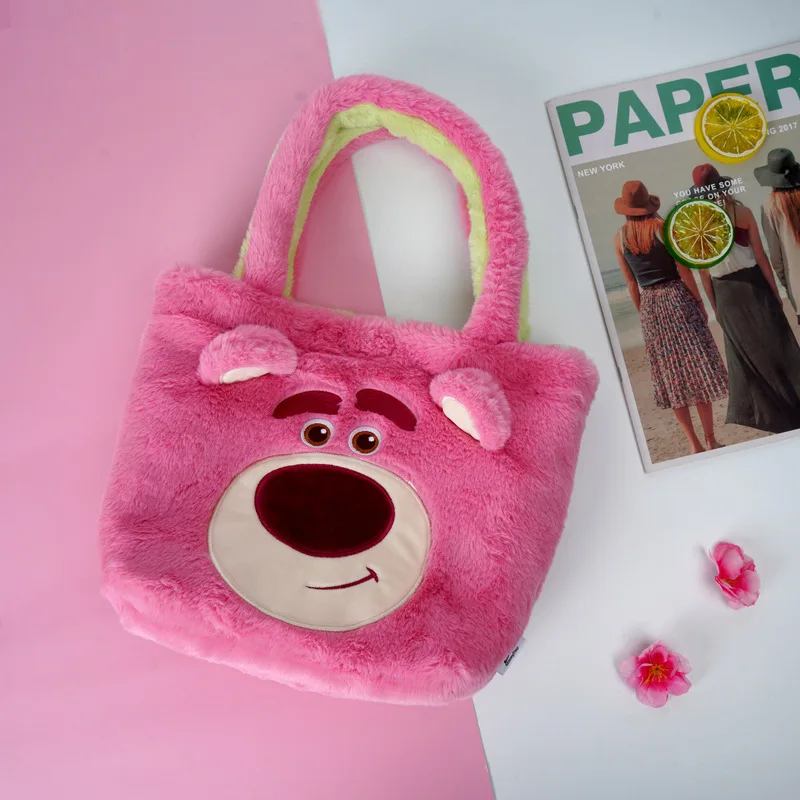 Disney Strawberry Bear Borsa a doppia faccia per bambola di peluche a tre occhi Borsa a tracolla portatile di grande capacità Borsa a tracolla portatile da donna