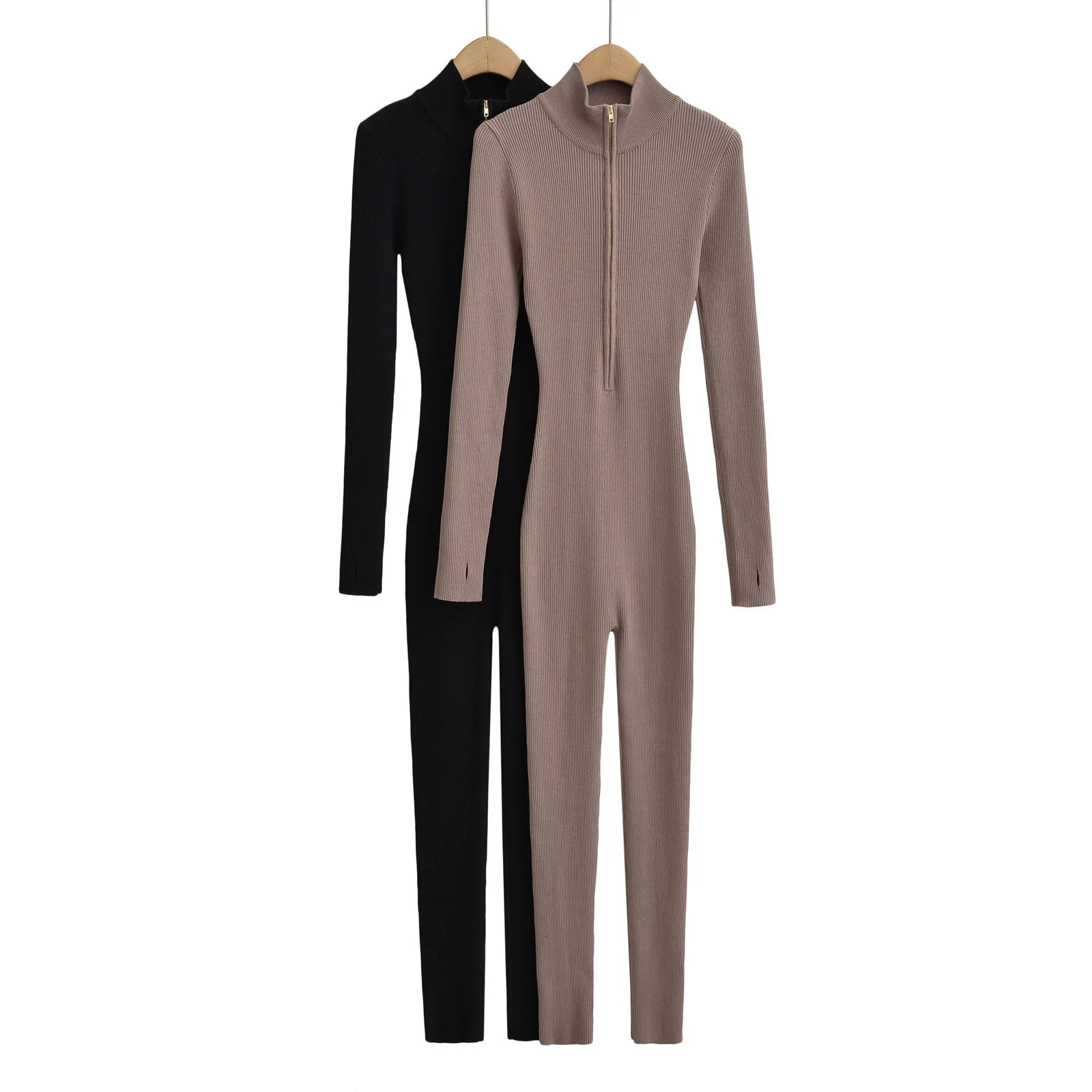 2025 New Semi High Neck Long Sleeve Half Zip Jumpsuit Women Elegant Fashion Black Khaki Multiple Colors Optional