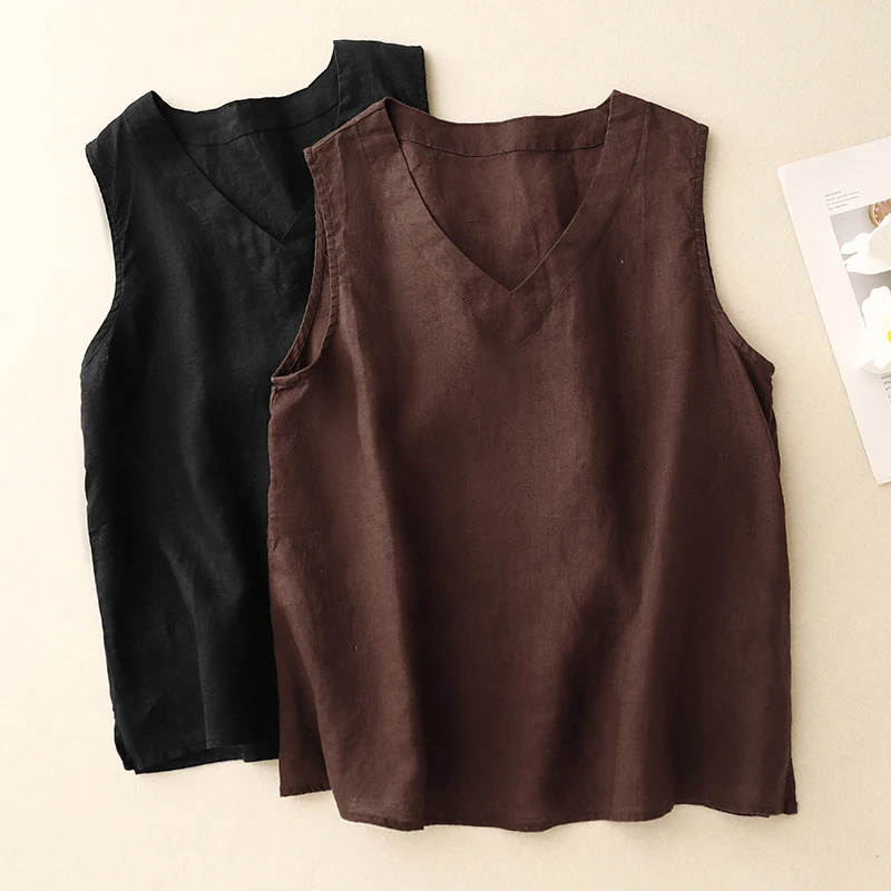 Loose Fit Kwaliteit Katoen Linnen V-Ne Vest Koffie Dunne ort Top Nieuwe Sle Artistieke Veelzijdige Straight Cut Zomer T-shirt