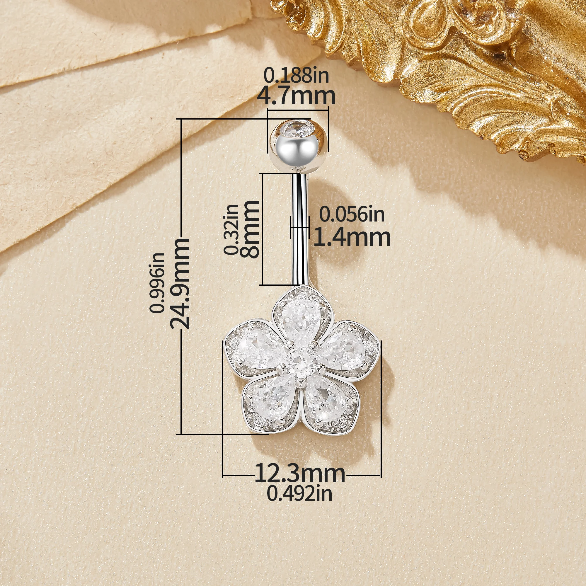 Halo Flower CZ Stone Solid 925 Sterling Silver Belly Button Ring Belly Piercing Navel Bar Curved Barbell Navel Ring 6730004