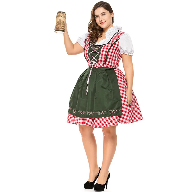 

Plus Size 3XL Women Bavarian Dress Beer Festival Costume Oktoberfest Waiter Dress Traditional Clothing Pink Checkered Uniform