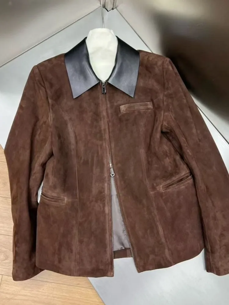 高品質の女性用本革ジャケット、スリムフィット、ジッパー付き、長袖、春用、スプライス加工、ラペル付き、オフィスレディース、スエードシープスキンコート