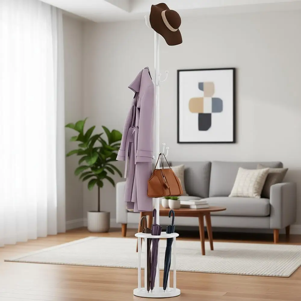 

White Wall-Mounted Coat Rack with Umbrella Holder and 12 Hooks for Home and Office Use