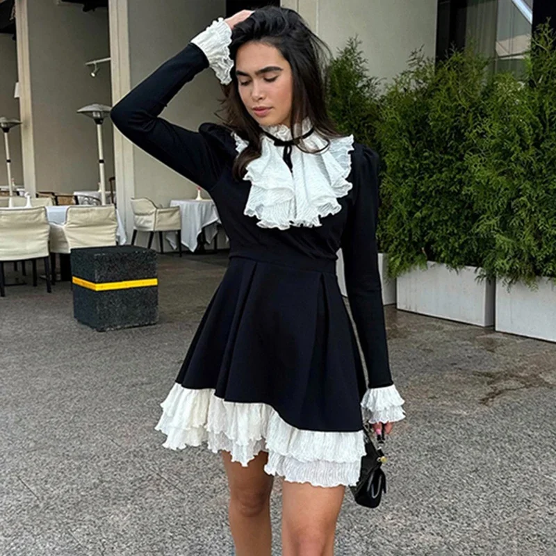 

Fmxires Elegant Lace Ruffled Dress Female Lace Up Chic Black Velvet Dress Contrast Long Sleeve Short Dresses High Waist Woman