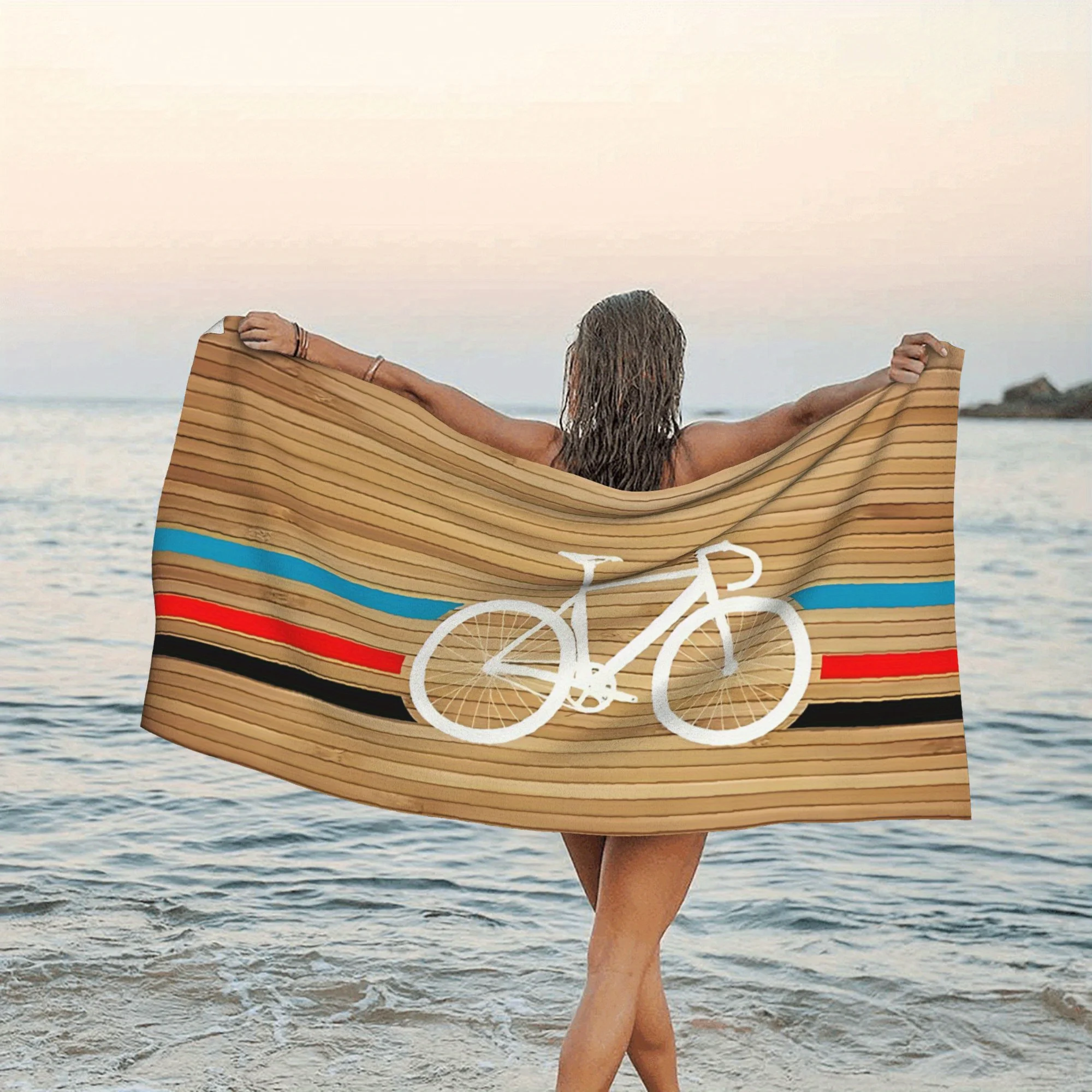 Wooden Bicycle Beach Towel, Soft Microfiber Quick Dry Oversized Bath Towel, Retro Summer Pool Blanket 1pcs