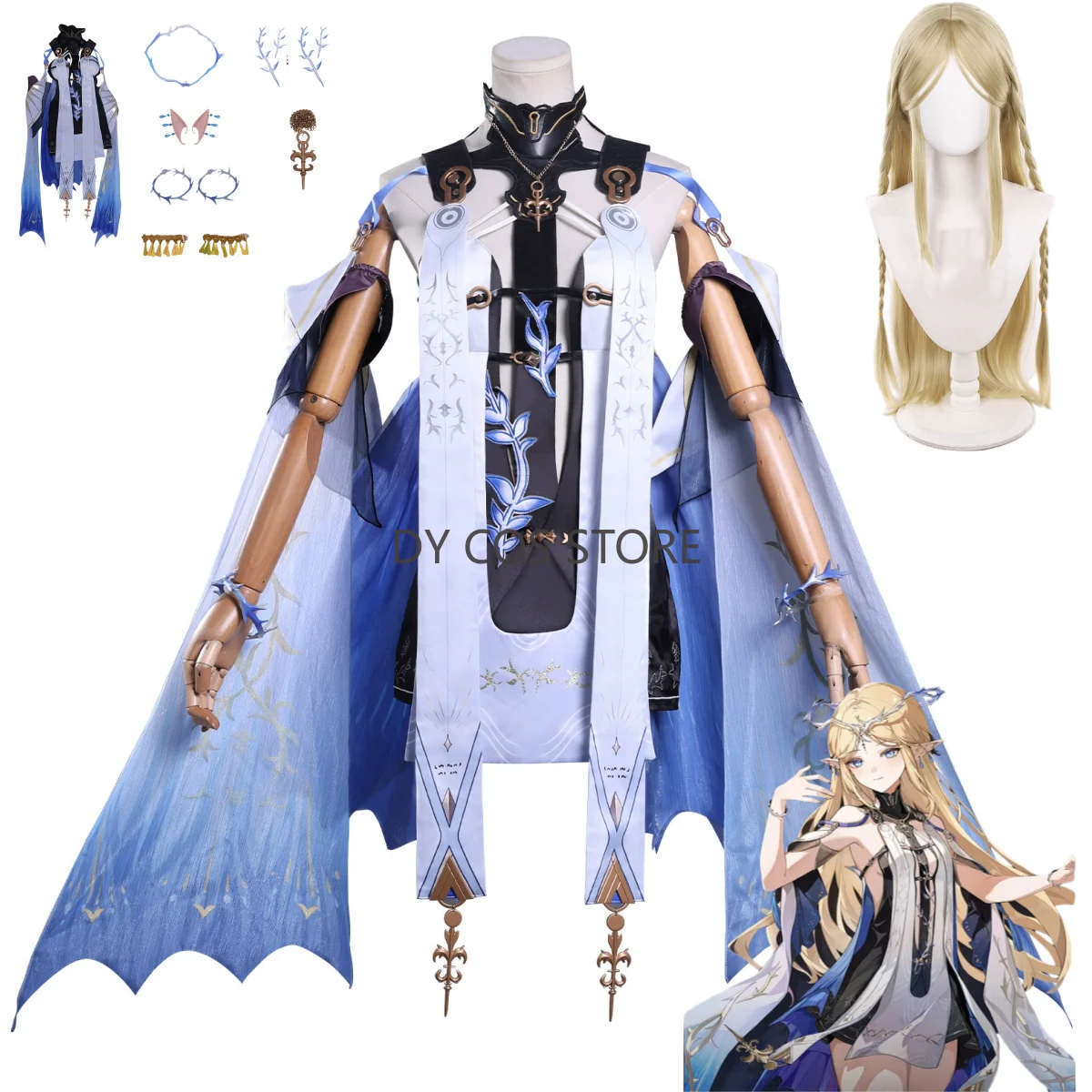 

Аниме игра Wuthering Waves Rinascita Cartethyia косплей костюм синее платье шаль головной убор парик женский сексуальный бальный костюм в маске