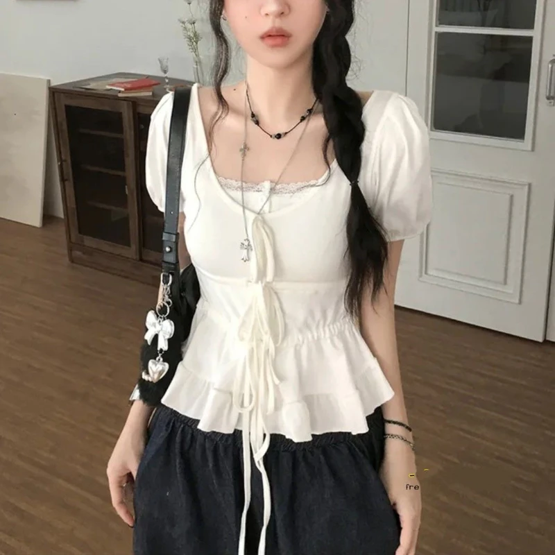 

Deeptown Sweet Lace Bow T-shirts Women Shoujo Girl Aesthetic Two-piece Set Tees Kawaii Coquette Korean Style White T-Shirts