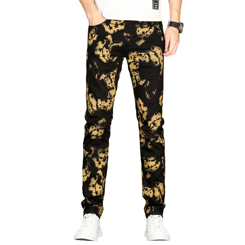 Men's Slim black jeans high-end personalized printed jeans street fashion casual jeans men's pants