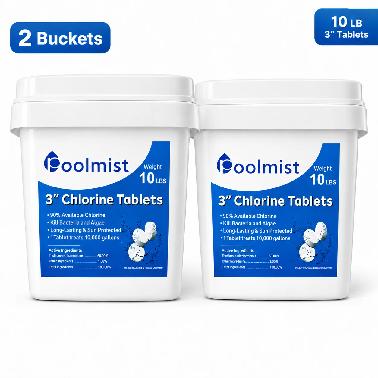 3-Inch Swimming Pool Chlorine Tablets, 10 lb Each, 2 Buckets, 20 lb Total, Pool Water Treatment, US Stock