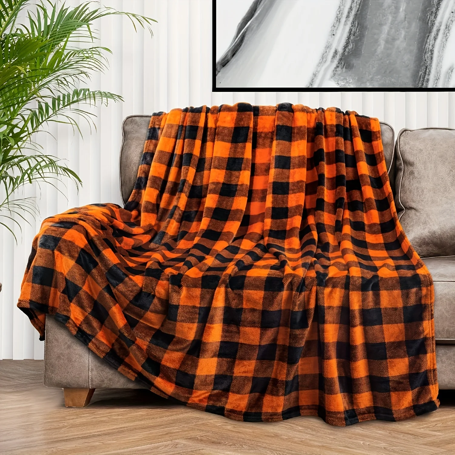 Black and Orange Buffalo Plaid Soft-touch Flannel Sofa Blanket, Soft Halloween Flannel Nap Blanket, Orange Plaid Autumn Sofa Bla