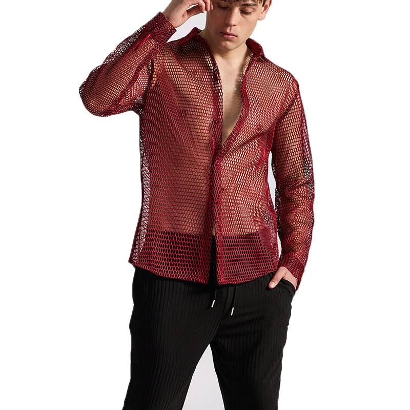 

New Men's Hollowed Out Nightclub Long Sleeved Shirt Solid Color Single Breasted Personality Performance Dance Perspective Shirts