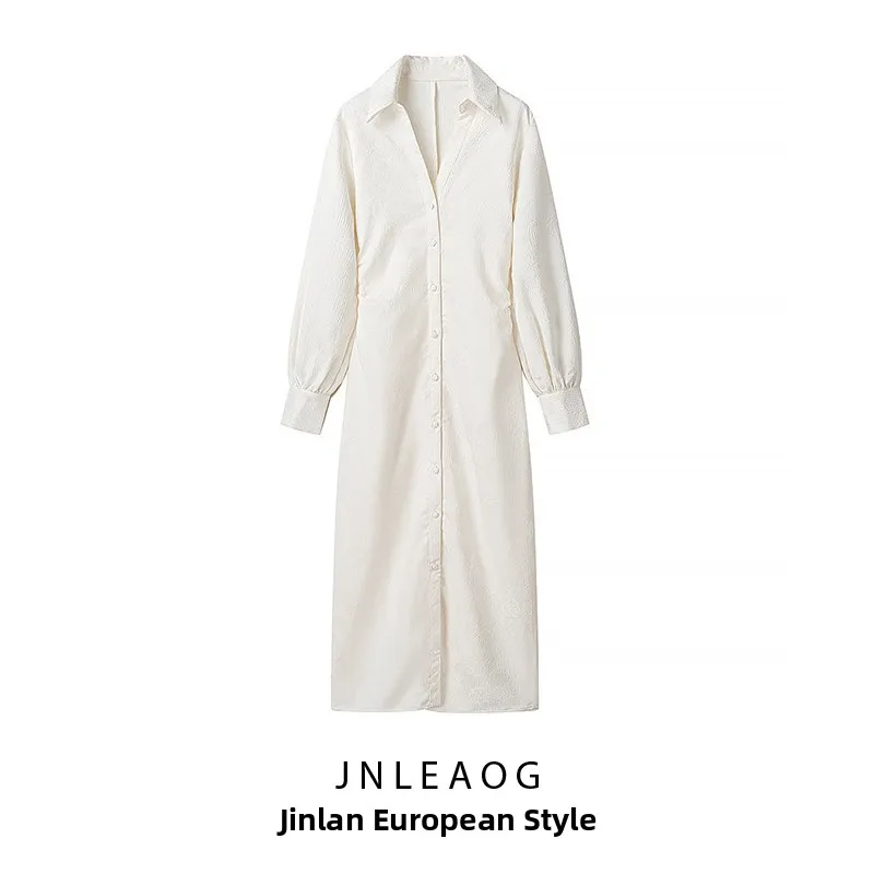 Vestido JNLEAOG con Cuello en V y Cordón Ajustable, Estilo Otoñal, Bordado Floral, Sensación de Moda, Manga Larga