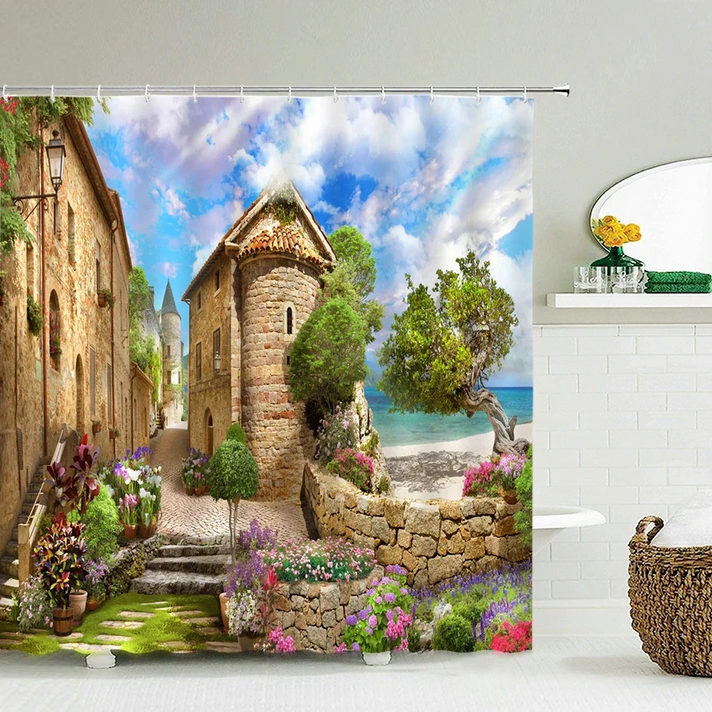 Mediterranean European Town Shower Curtain Coastal Stone Village Waterfall Garden Lake Sea View Vintage Country Floral Landscape
