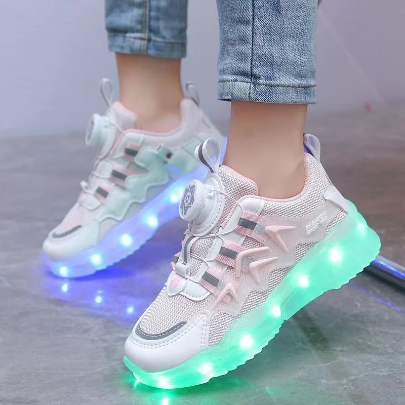 New Rotating button charging colorful luminous shoes sports bright light shoes children\'s shoes boys and girls luminous shoes