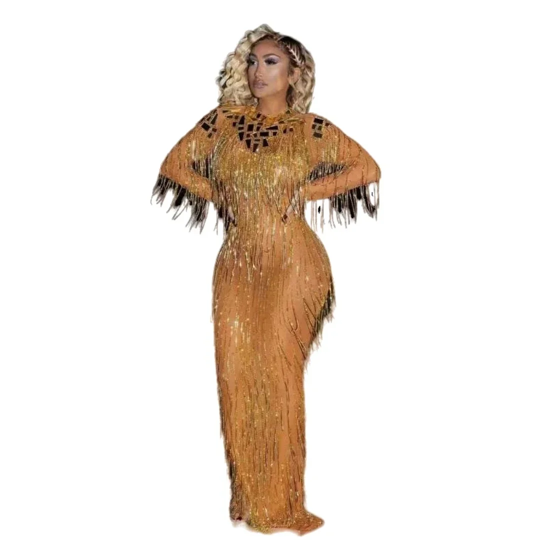 Black Gold Rhinestone Women Long Dress Sequin Wedding Party Birthday Dresses Drill Chian Singer Show Drag Queen Costume