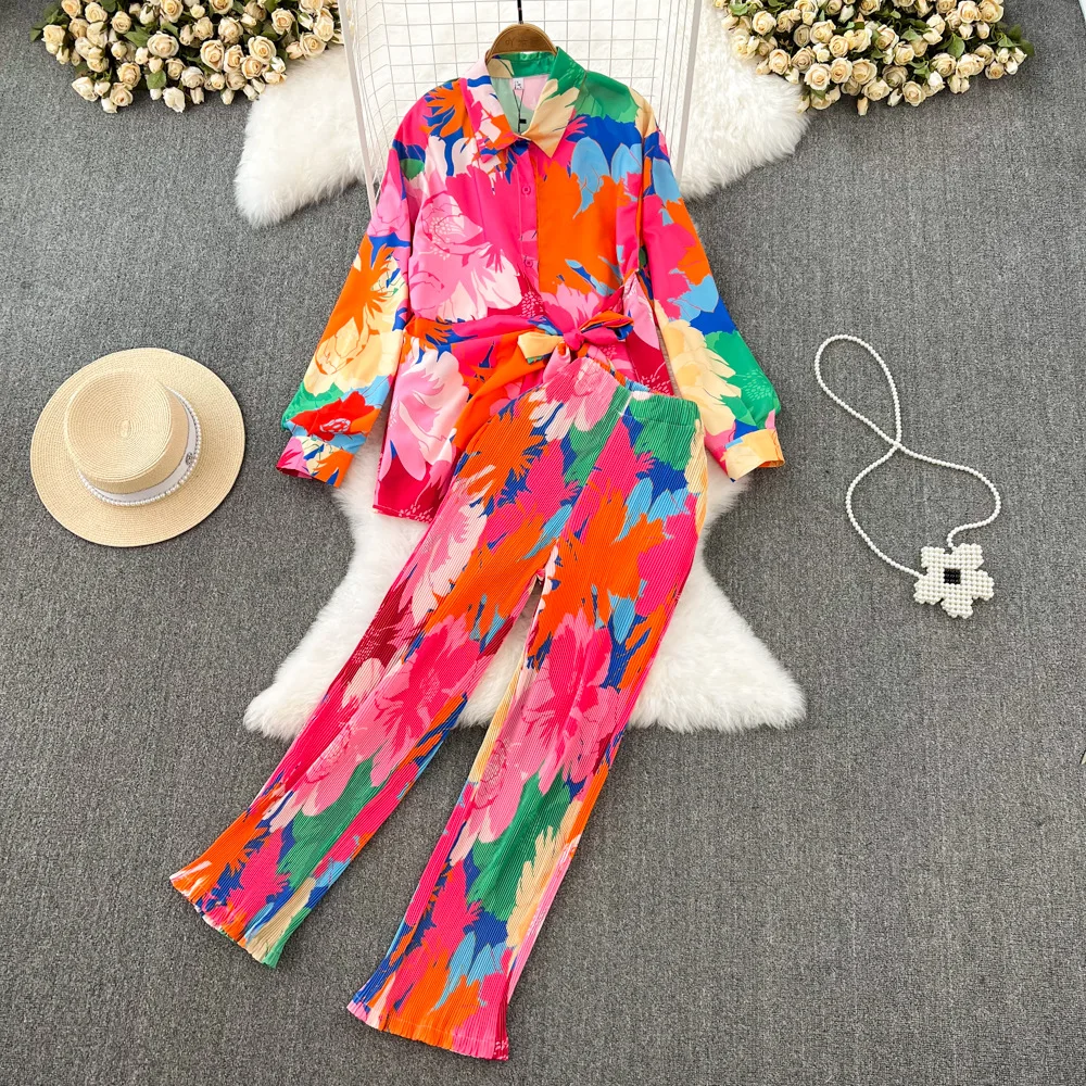 Spring Women Sleepwear Casual Loose Tie-dyed Trousers Suit Long Sleeve Shirts Blouses Wide Leg Pant Female Pajamas 2 Pieces