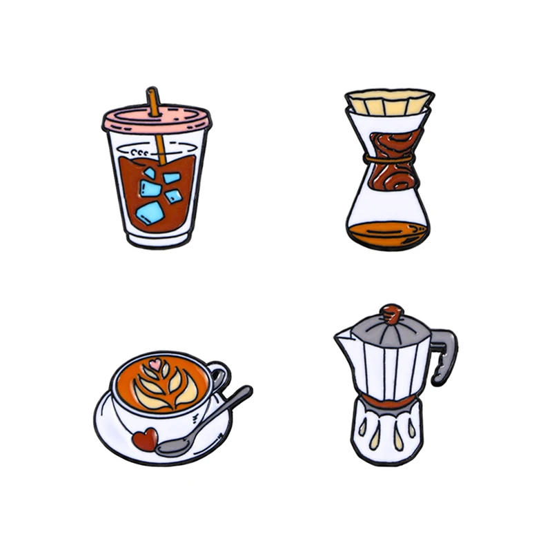 4Pcs/Set Coffee Theme Series Pins Cafe Drinking Enamel Brooches For Office Lady Women Clothes Bag Backpack Jewelry
