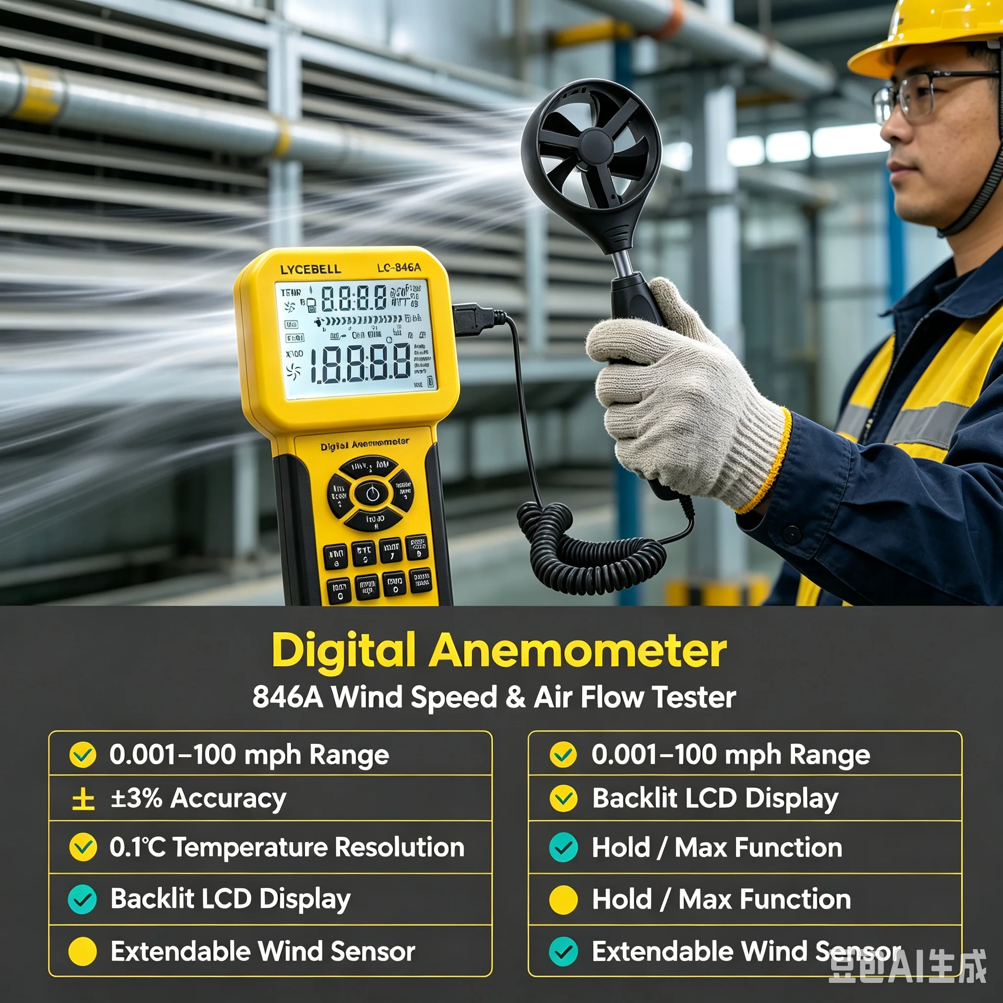 BT 846A Digital Handheld Anemometer Wind Speed Meter 0-45m/s Air Flow Tester with 600 Records And Backlight for HVAC Ventilation